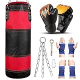 Odoland Boxsack Set für Kinder und Jugendliche 7 IN1 Box Set mit 2FT Boxsack Ungefüllt 6OZ Boxhandschuhen Stahlkette Karabinerhaken Schutzbänder Sandsack Kickboxen MMA Kampfsport Muay Thai