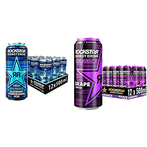Rockstar Energy Drink XDurance Blueberry - Koffeinhaltiges Erfrischungsgetränk für den Energie Kick, EINWEG (12x 500ml) & Energy Drink XDurance Grape - EINWEG (12x 500ml)
