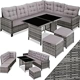 tectake Polyrattan Lounge Set, Gartenmöbel Set mit Sofa, Hocker + Tisch, Balkon Möbel Outdoor, 5-teilige Sitzgruppe, inkl. Sitz- & Rückenkissen, ideal für Garten, Terrasse, Balkon - grau