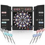 Physionics® Elektronische Dartscheibe - viele Spiele, mehr als 100 Spielvarianten, 12 Dartpfeile, 100 Ersatzspitzen, Netzteil, bis 16 Spieler, 3 Modelle (Modell 2 - Quadratische Form mit Türen)