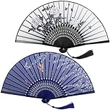 Ourdort 2 Seide-Fächer,Japanischer Faltfächer,Chinesischer Blumen Stoff Fächer,Damen Herren Bambus Fächer,Handfächer,Handfächer Faltbar aus Bambus,Schwarz Handfächer,Orientalischer Faltfächer