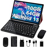GOODTEL Android 13 Tablet 10 Zoll 10GB RAM + 64GB ROM (1TB TF)| 5G + 2.4G WiFi| GPS | Bluetooth 5.0 | 8MP + 5MP | Touch Tablet mit Hülle, Tastatur und Maus (Rot)