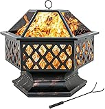 DAWOO Ø 62 Feuerschale für den Außenbereich, sechseckiger Feuerkorb Garten feuerschale,feuerstelle，Metall Feuerstelle mit Schutzhülle Funkenschutz.Multifunktional Fire Pit