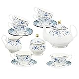 fanquare 21 Stück Porzellan Teeservice, Blau Blumen Tee Set, Englische Kaffeeservice Set mit Teekanne, Teetasse und Untertasse