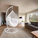 2mGoods Luxuriöser Hängesessel mit Gestell inkl. allergikerfreundlichem Kissen - Hängestuhl mit platzsparender runder Basis, ideal für kleinere Räume Indoor und Outdoor (Durchmesser 3mm Rattan-Weiß)