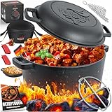 KESSER® Dutch Oven 2in1 Gusseisen Topf 4,8L und Pfanne 1,8L einsatzfertig eingebrannt Inkl. Kochbuch Schmortopf Doppelfunktion Deckel/Bratpfanne für Küche Camping Garten BBQ Backen Gasgrill, Schwarz