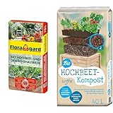 Floragard Bio Hochbeet- und Gewächshauserde, 70 liters, Braun & Universal Bio Hochbeet-Kompost 40 Liter, Erdfarben