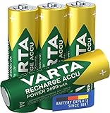 VARTA Batterien AA, wiederaufladbar, Recharge Accu Power, Akku, 2600 mAh Ni-MH, ohne Memory Effekt, vorgeladen, sofort einsatzbereit, 4 Stück,1er Pack