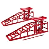 Arebos 2X Auffahrrampe mit hydraulischem Wagenheber | XXL PKW Hebebühne KFZ Rampe 245 mm Auffahrbreite | Auffahrbock Hebeplattform mit Sicherheits-/ Überdruckventil | Höhenverstellbar 2 T | Rot