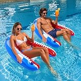 MoKo Pool Luftmatratze Erwachsene, 135×107 cm Groß Schwimmbett mit Getränkehalter und Griffen, Solarium Pool Loungesessel Aufblasbar Hängematte Bräunungsstuhl Pool Spielzeug, 2 Stück, Blauer Hai