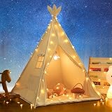 LIONHERZ® DAS ORIGINAL Tipi Zelt für Kinder aus 100% Baumwolle mit Federdeko, Kuschelmatte, Tragetasche [Stabil] Tippi Kinderzelt Teepee Spielzelt (Cremeweiß)