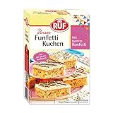 RUF Funfetti-Blechkuchen mit bunten Konfetti-Streuseln, Vanille-Creme und kakaohaltiger Pflanzenfett-Glasur mit Vollmilchpulver, 1 x 750g