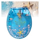 Wc Sitz mit Absenkautomatik, Schnell Lösbar, 3D-Effekte, Strapazierfähige Toilettensitze mit Blauer Fisch-Muschel-Abdeckung, Acryl-Sitze, Ocean-Serie für U/V/O-Typ