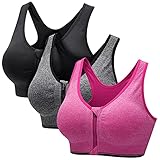 CARETOO Damen Sport BH Stark Halt Active Bra Höhe Beanspruchung Trainieren Bustier Fuer Yoga Fitness - Mit Reißverschluss Schwarz + Grau + Rose Rot, 3XL