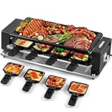 CUSIMAX Raclette Grill, Raclette mit Antihaft-Grillplatte und einstellbare Temperaturregelung, Raclette 8 Personen, Tischgrill mit Cool Touch Griffen, Partygrill mit 8 Pfännchen und Holzspatel