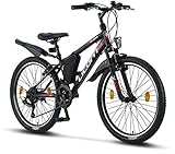 Licorne Bike Guide Premium Mountainbike in 20, 24, 26, 27.5 und 29 Zoll Fahrrad für Mädchen Jungen Herren und Damen (24 Zoll, Schwarz/Rot/Grau)