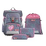 Step by Step Schulranzen-Set Space Glitter Heart Hazle, 5-teilig, rosa-grau, Herz-Design, ergonomischer Tornister mit Reflektoren, höhenverstellbar mit Hüftgurt, für die 1. bis 4. Klasse, 20L