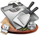 flammtal - Grillplatte aus 4mm rostfreiem Edelstahl [40 x 30cm] - Plancha Grillplatte mit Grillspachtel Set & Burgerpapier - Grillplatte Gas- & Kohlegrill - auslaufsichere Ecken für sauberes Grillen