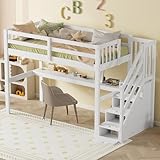 Merax Kinderbett 90x200 cm Hochbett mit Schreibtisch, Ablageleiter - Bettgestell mit Lattenrost (ohne Matratze), aus Kiefernholz, Jugendbett - für Kinder/Erwachsene, Weiß