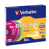 Verbatim DVD+RW 4x Colours 4.7GB, 5er Pack Slim Case, DVD Rohlinge beschreibbar, 4-fache Brenngeschwindigkeit & Hardcoat Scratch Guard, DVD leer, Rohlinge DVD wiederbeschreibbar