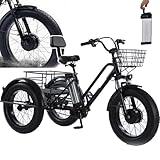 HDaspijh 3-Wheel Electric Trike for Adults, Electric Tricycle - Load 200Kg, Shopping Basket (20''x9''x12''), 20'' Fat Tyres Cargo Ebike, 48V/12Ah Removable Battery -Range 35km, for Shopping, Picnic