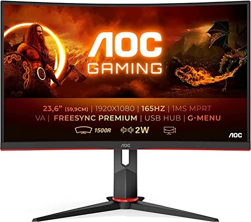 AOC Gaming C24G2U - 24 Zoll FHD Curved Monitor, 165 Hz, 1ms, FreeSync Premium (1920x1080, HDMI, DisplayPort, USB Hub) schwarz/rot