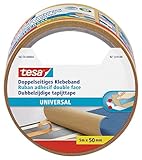 tesa Doppelseitiges Klebeband Universal - Vielseitiges Klebeband für Verpackungen, Deko und Teppiche oder zum Basteln - 5 m x 50 mm