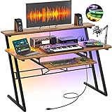 armocity Musikstudio-Schreibtisch mit Steckdosen und RGB-LED-Lichtern, Musikproduktions-Schreibtisch für Aufnahmen, Studio-Workstation-Schreibtisch für Produzenten, Musiktisch für Studio, rustikales