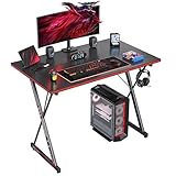 CubiCubi Gaming Tisch 80 x 50 cm, Gaming Schreibtisch, PC Tisch mit Kopfhörerhaken und Kohlefaserbeschichtung, Ergonomischer Computertisch, Metallgestell, Kohlefaser Schwarz