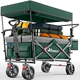 TRESKO® Bollerwagen Faltbar mit Dach, Kühlfach & Seitenrollos | Handwagen max. belastbar bis 150kg | Transportwagen mit Vollgummireifen & Feststellbremsen (Vorne & Hinten) und 3-Punkt-Gurt (Grün)