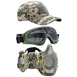 Yzpacc Airsoft Half Face Maske mit Brille Hut Set Taktische Masken Full Face Paintball Maske Ohrenschutz Baseball Cap für CS Halloween und Cosplay Spiel