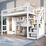 Kinderbett Etagenbett 90x200, Hochbett mit Kleiderschrank&Schreibtisch&Bücherregal&Schubladen&Treppe&Schließfächern, Holzbett Bettgestell mit Lattenrost, Funktionsbett Stockbett Jugendhochbett, Weiß