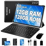 YESTEL Tablet 10 Zoll Android mit 12 GB RAM + 128 GB ROM (1TB TF), 2.4G + 5G WLAN, GPS, 2.0 GHz, Bluetooth 5.0, 5 MP + 8 MP, 2 in 1 Tablet mit Tastatur + Maus + Hülle, Schwarz