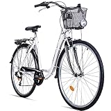 Bergsteiger Florenz 28 Zoll Damenfahrrad mit Korb, Beleuchtung & Schaltung, ab 160 cm, Damen Fahrrad mit 7 Gangschaltung, Retro Damenrad
