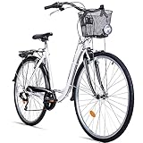 Bergsteiger Florenz 28 Zoll Damenfahrrad mit Korb, Beleuchtung & Schaltung, ab 160 cm, Damen Fahrrad mit Shimano 7 Gangschaltung, Retro Damenrad