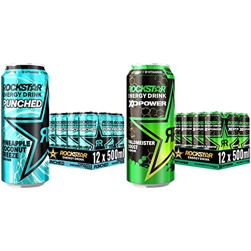 Rockstar Energy Drink Freeze Pineapple & Coconut - Koffeinhaltiges Erfrischungsgetränk, EINWEG (12x 500ml) & XD Power Waldmeister Boost - Koffeinhaltiges Erfrischungsgetränk, EINWEG (12x 500ml)