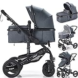 Daliya Bambimo 2in1 Kinderwagen - Kombikinderwagen 9-Teiliges Set incl. Babywanne & Sportsitz/Buggy - 1-Klick-System/Alu-Rahmen/Voll-Gummireifen/Sonnenschutz/Getränkehalter in Dunkel-Grau