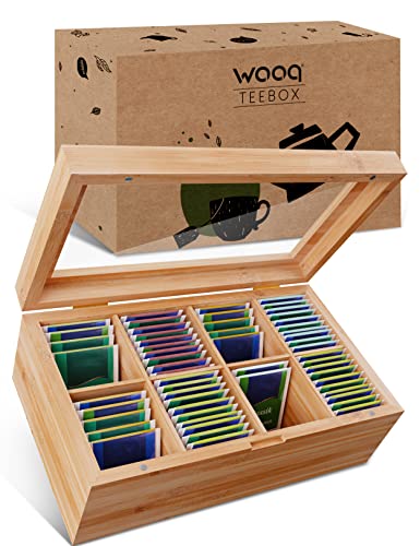 wooq Premium Teebox aus FSC-zertifiziertem Bambusholz – mit 8 Fächern 30 x 19 x 9cm – Teekiste m. luftdichtem Magnetverschluss – Tee Box m. großer Sichtscheibe aus Glas – Teebeutel Aufbewahrungsbox