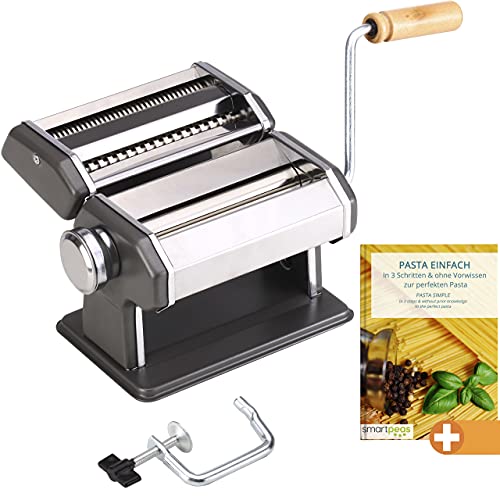 smartpeas Pasta Maker – Pasta Machine – manuelle Nudelmaschine aus Edelstahl – Grau – für Lasagne Spaghetti Tagliatelle +PLUS: eBook