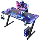 Devoko Gaming Tisch mit LED 120x60 cm, Gaming Schreibtisch Z-Frame, Ergonomischer Gamer PC Tisch mit Getränkehalter, Kopfhörerhaken, Stabiler Computertisch, Schwarz