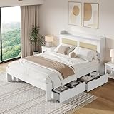 Luxeza Stauraumbett 140 * 200cm, Doppelbett, Funktionsbett,Massivholzbett mit Rattan-Dekor, Schubladen, mit Stauraum, ohne Matratze, für Erwachsene und Jugendliche geeignet, weiß