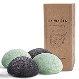 myHomeBody Konjac Schwamm, Natürliche Konjac-Gesichtsschwämme - für sanfte Gesichtsreinigung und Peeling - mit Aktivkohle und Aloe Vera, 4er-Set.