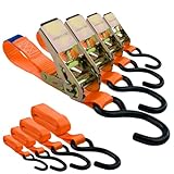 Spanngurte mit Ratsche und Haken 4er Set, 25mm breit 3m lang, bis 700kg, Spanngurt orange, Zurrgurte für Ladungssicherung, Spanngurte Haken, Gurtband, Spanngurte 3m