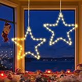 PhilzOps Fenster Weihnachtsbeleuchtung, 2 Stück 40 LED Sterne Weihnachtsbeleuchtung Innen Batterie Fensterlichter Weihnachtsstern Lichterkette für Zimmer Garten Balkon Hochzeit Party Deko, Warmweiß