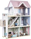 Giant bean Puppenhaus Holz, 80 cm Hoch, mit Aufzug, Türklingel, Licht, 15 Möbelstücken und 3 Puppen, Spielzeuggeschenk für Mädchen im Alter von 3+ Jahre