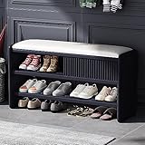 Moderne Schuhbank mit Lederkissen, gepolsterter Eingangssitz aus Holz, Schuhschrank, Organizer, Flurmöbel, 60 x 30 x 45 cm, Dunkelblau und Weiß