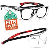 NoCry Sicherheits-Überbrille mit Kratzbeständigen Gläsern, Seitenschutz, Verstellbaren Bügeln, 400 UV-Schutz, schwarz roter Rahmen und EN166, EN170, EN172, EN175 Zertifiziert
