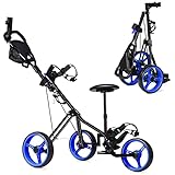 COSTWAY Golftrolley, Golf Trolley, Golftrolley 3 Rad Klappbar, Golfwagen Klappbar, Golf Cart, Golf Trolleys | mit verstellbarem Sitz & Griff & Halter für Schirm & Flasche (Blau)