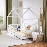 LEADZM Kinderbett Hausbett Kinder inkl.mit Rausfallschutz und Lattenrost Bodenbett Jugendbett Holzbett Montessori Bodenbett (Weiß, 90x200cm)