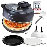 Sommertal PizzaProfi XXL Pizzaofen mit 39cm Steinplatte – Pizza Ofen elektrisch, schnelle 3-Minuten Pizza, bis 380°C – 5-teiliges Set mit Pfanneneinsatz, 2x Pizzaschieber, Schneider, Pizzastein